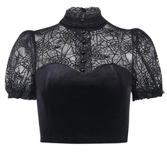 Lace patchwork button short sleeve high neck velvet crop top