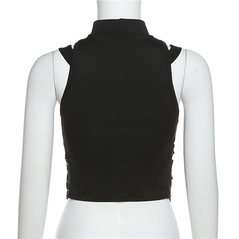 Hollow out high neck corset sleeveless zip-up crop top