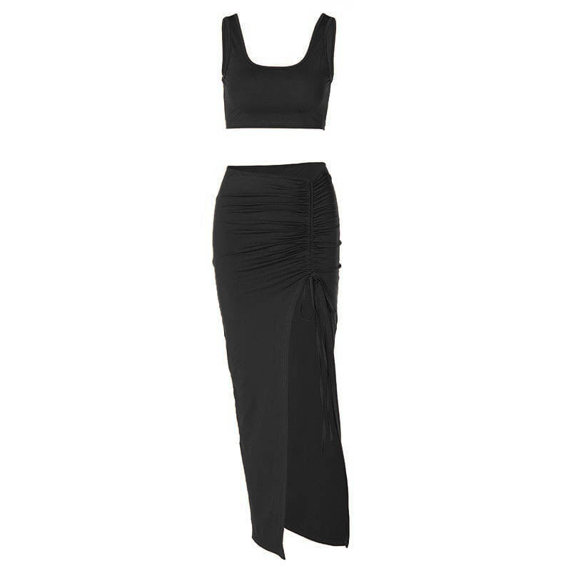 Low cut crop top ruched slit solid skirt set