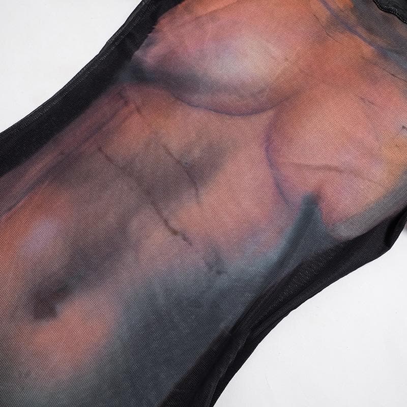 Durchsichtiger Bodysuit mit langärmligem Bodyprint und kontrastierendem transparentem Netzstoff