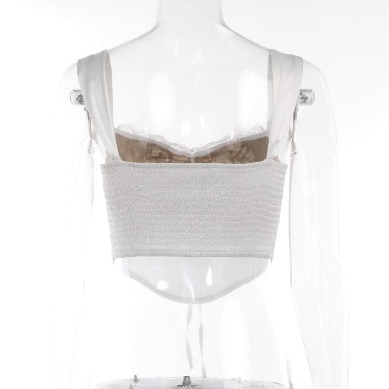 Lace patchwork smocked sleeveless self tie crop top