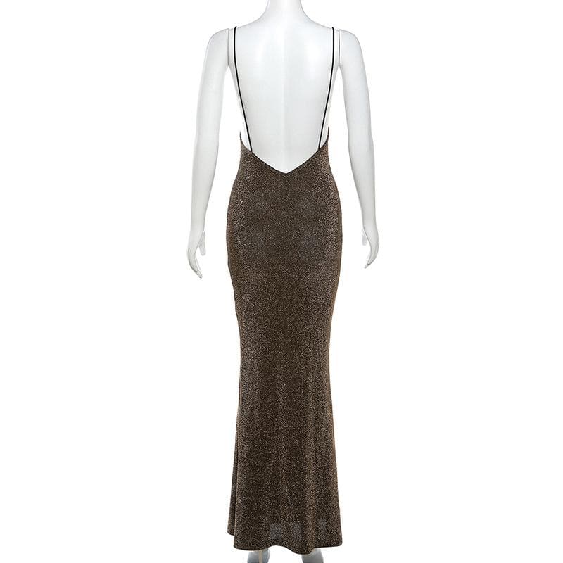 Textured spaghetti strap cowl neck backless maxi dress