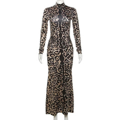 Leopard print contrast high neck long sleeve maxi dress