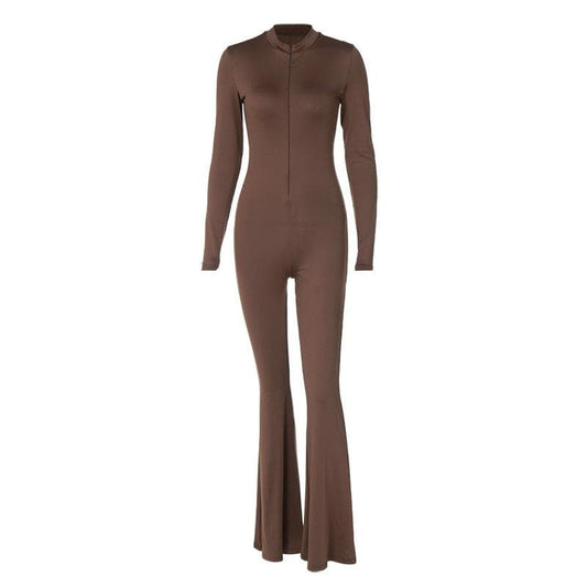 Long sleeve zip-up high neck solid flared jumpsuit