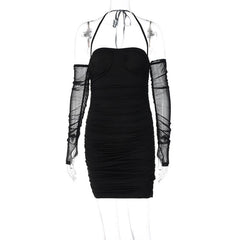 Mesh solid gloves halter off shoulder backless ruched mini dress