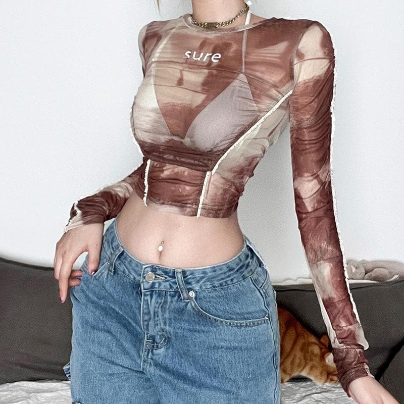 Furry tie dye sheer mesh see through long sleeve crop top