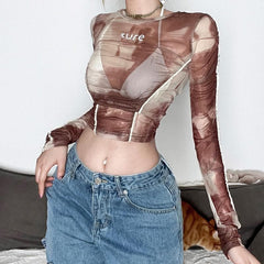 Furry tie dye sheer mesh see through long sleeve crop top