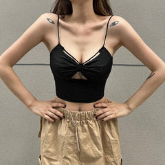 Ruched hollow out solid bowknot backless cami top