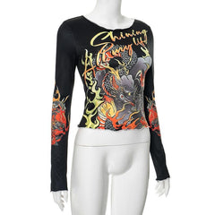 Round neck dragon print long sleeve contrast ruffle top