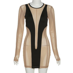 Long sleeve round neck contrast mesh patchwork mini dress