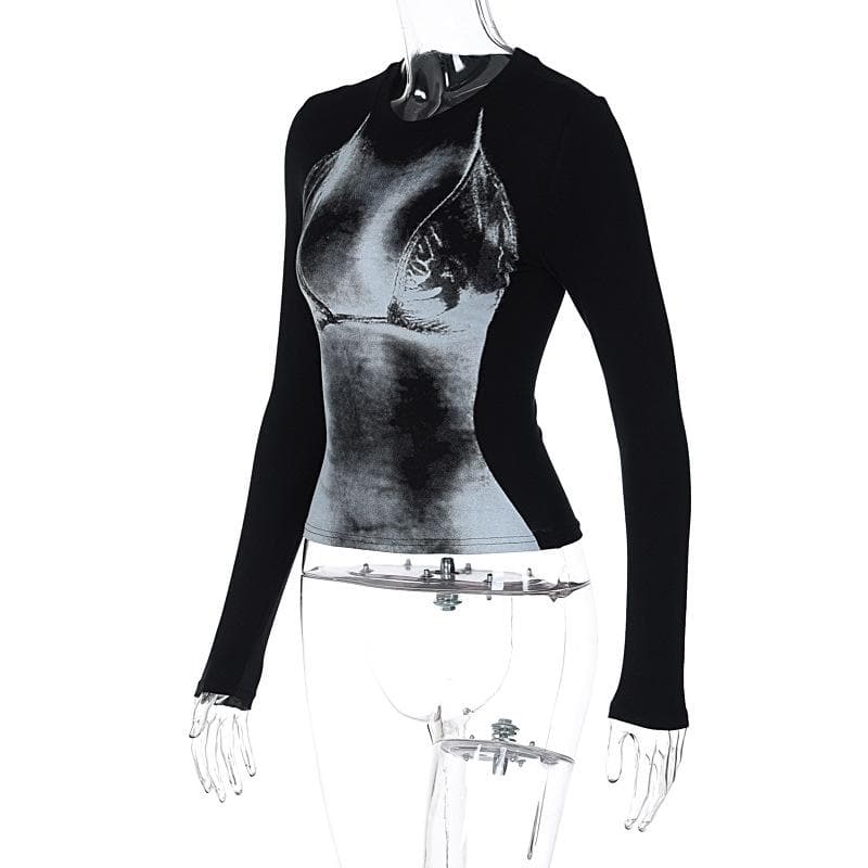 Long sleeve contrast body print crewneck top