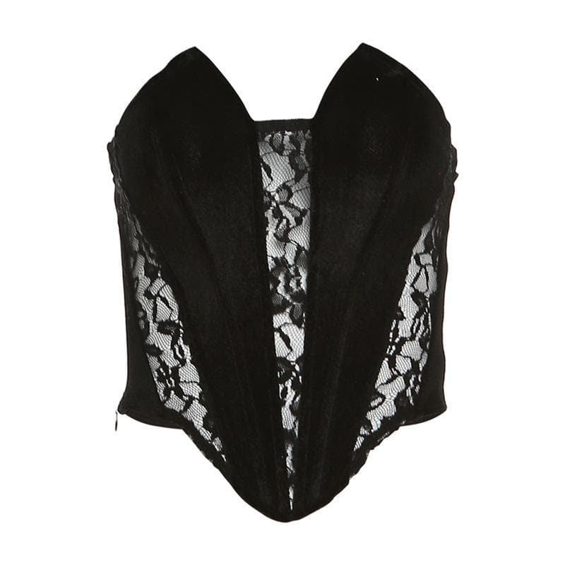 Lace patchwork solid notch neck corset tube top