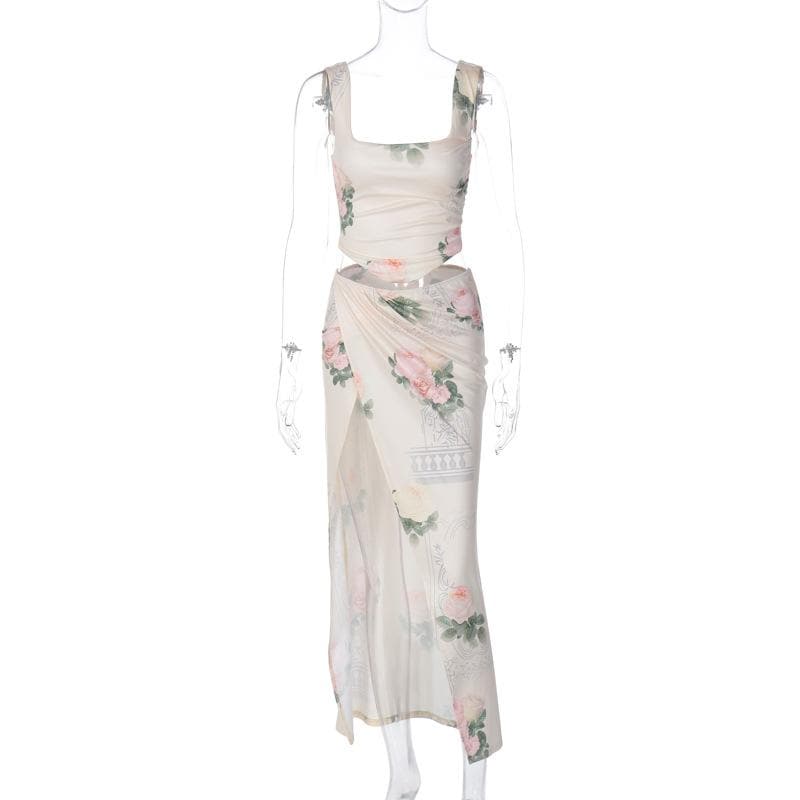 Square neck sleeveless flower print ruched slit maxi skirt set