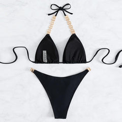 Rückenfreier Bikini mit Neckholder und Metallkette zum Selbstbinden