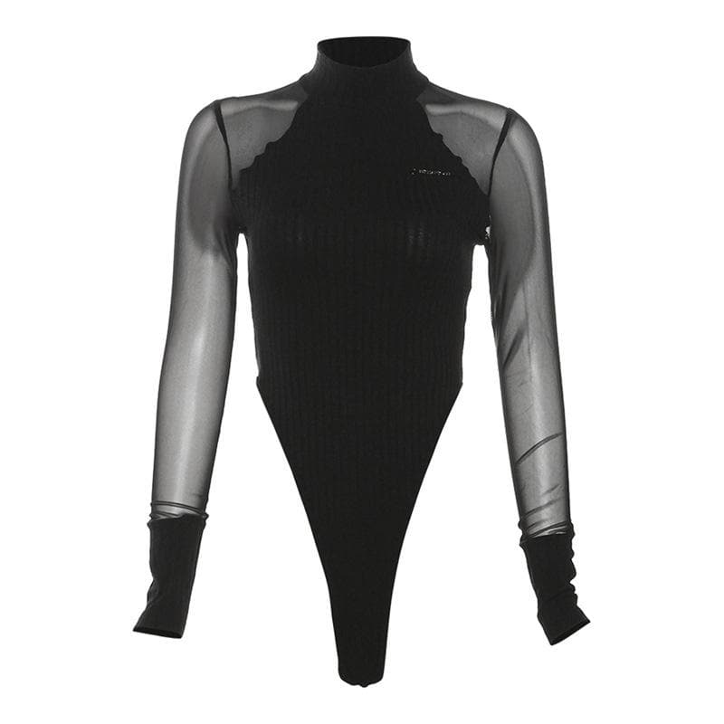 High neck solid long sleeve mesh patchwork bodysuit