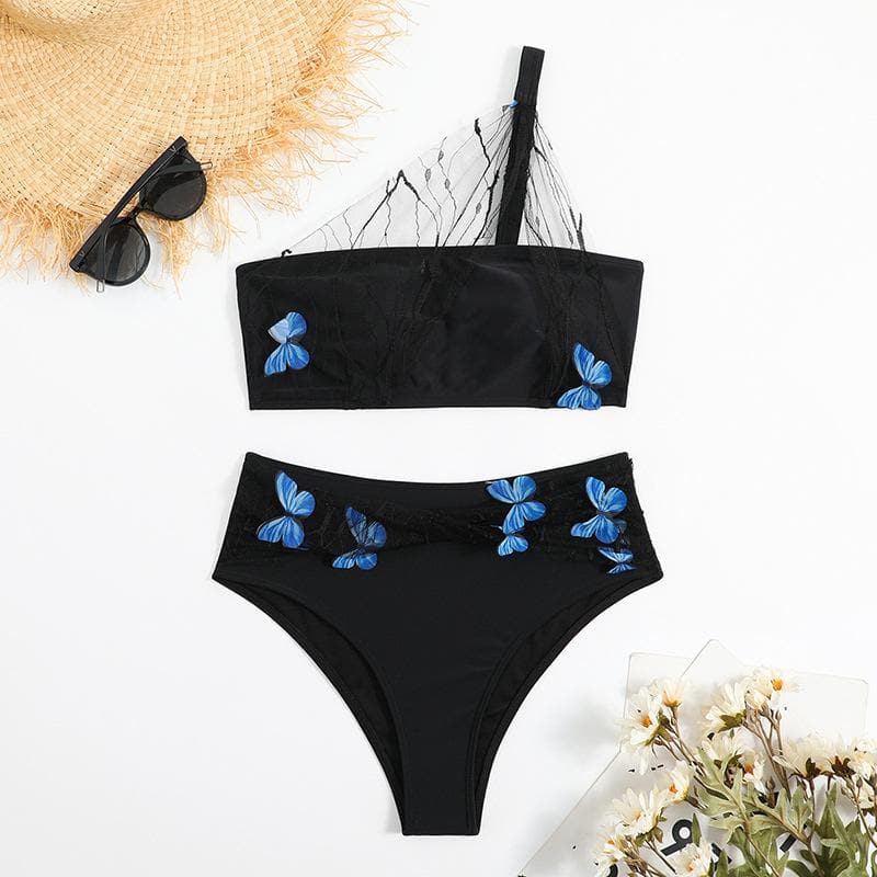 Traje de baño bikini irregular con dobladillo de encaje y apliques de mariposa en un solo hombro 