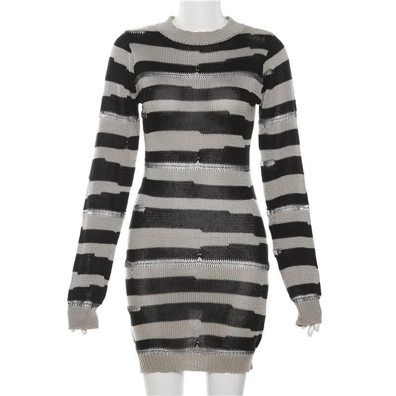 Crochet striped contrast long sleeve crewneck mini dress