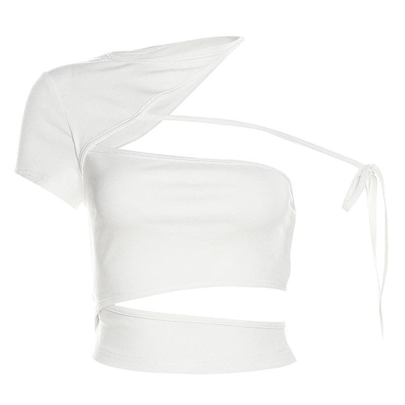 Irregular one shoulder self tie hollow out solid crop top