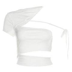 Irregular one shoulder self tie hollow out solid crop top