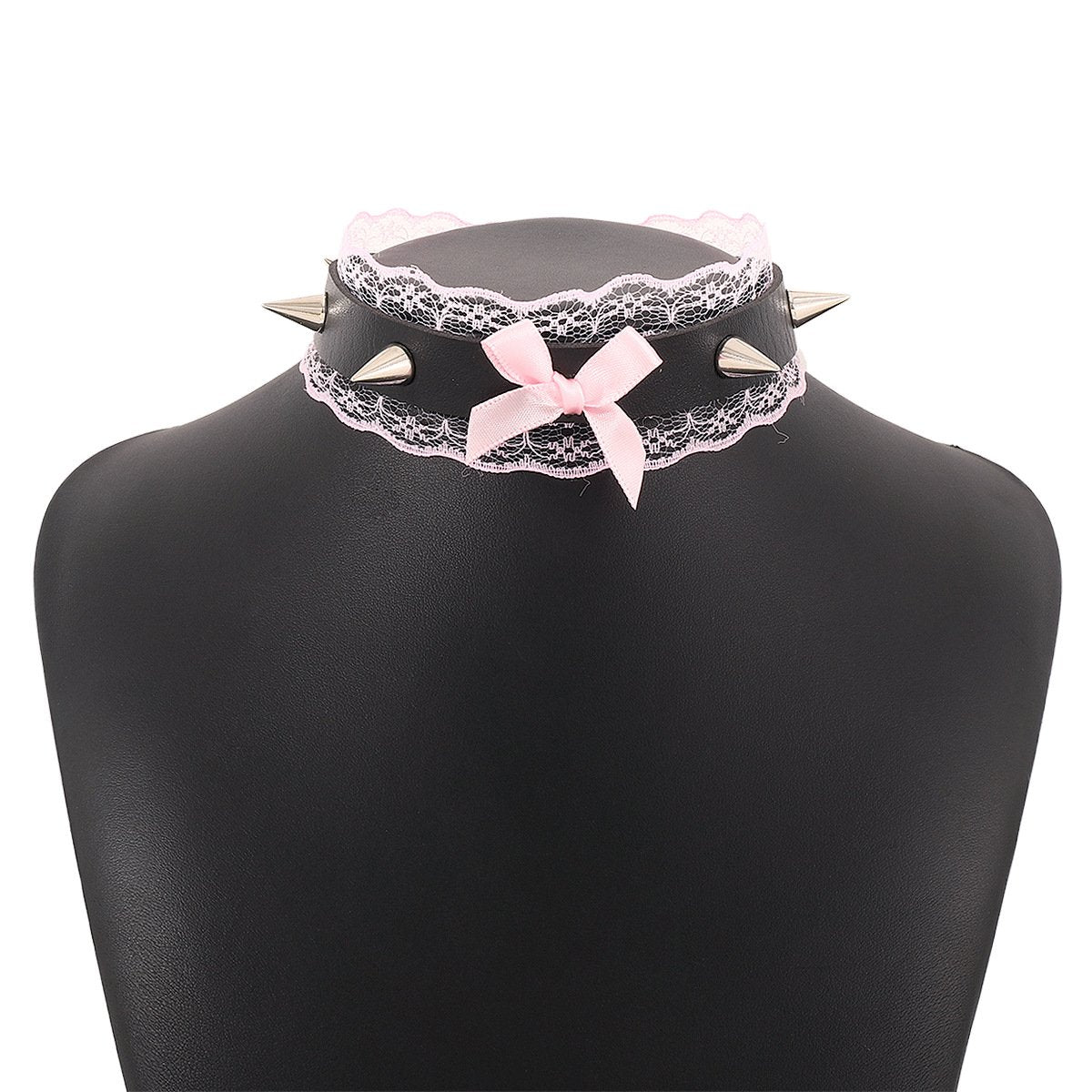 PU leather lace hem bowknot rivet decor chocker