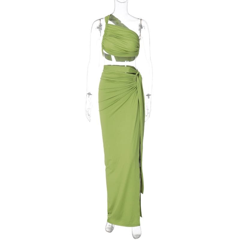 Ruched solid one shoulder irregular self tie maxi skirt set