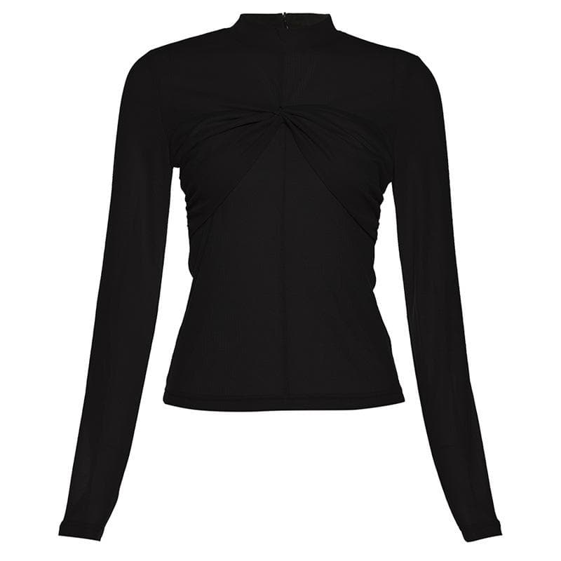 Ruched high neck zip-up long sleeve solid top