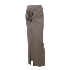 Ruched hight slit flower applique irregular solid maxi skirt