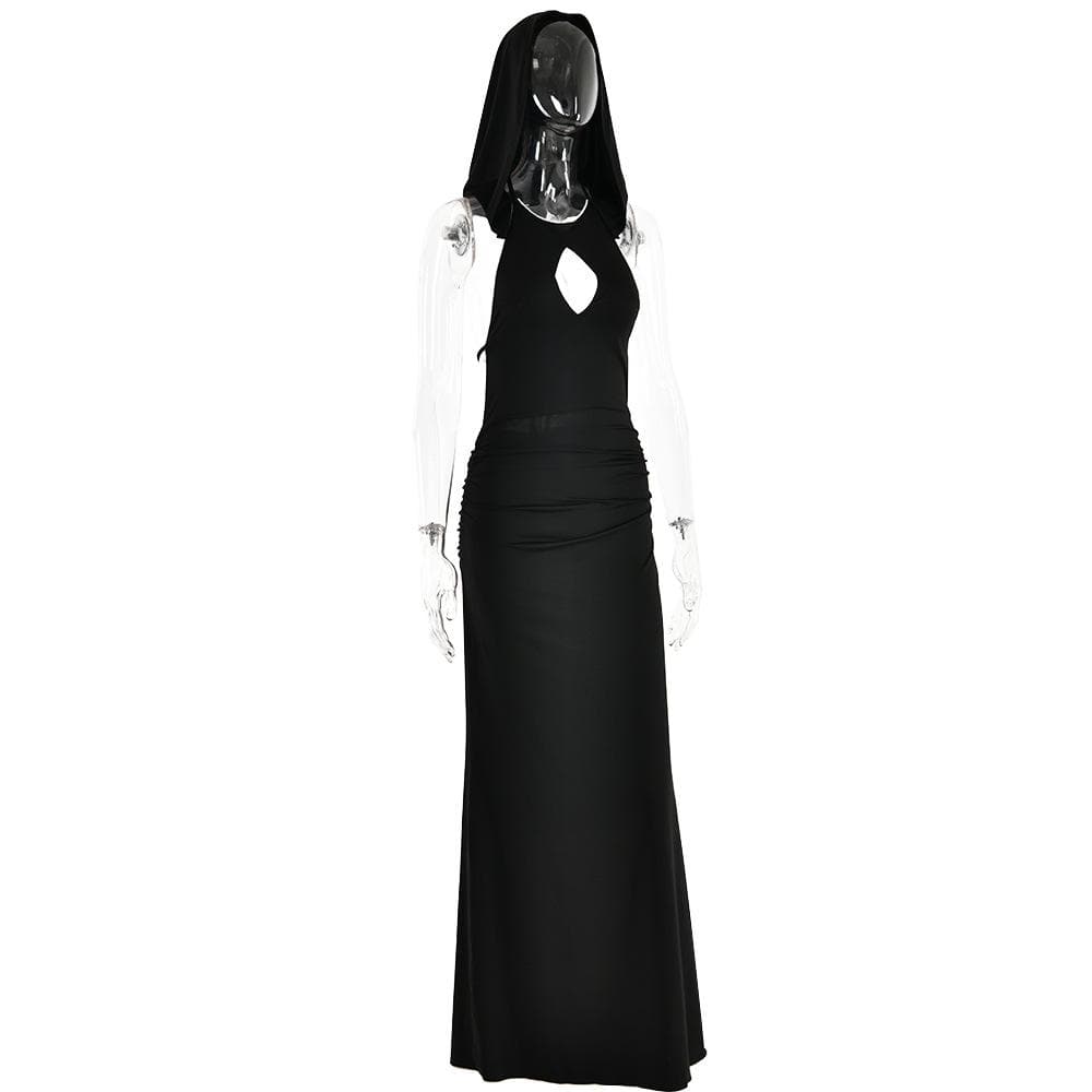 Hoodie solid sleeveless hollow out backless self tie maxi dress