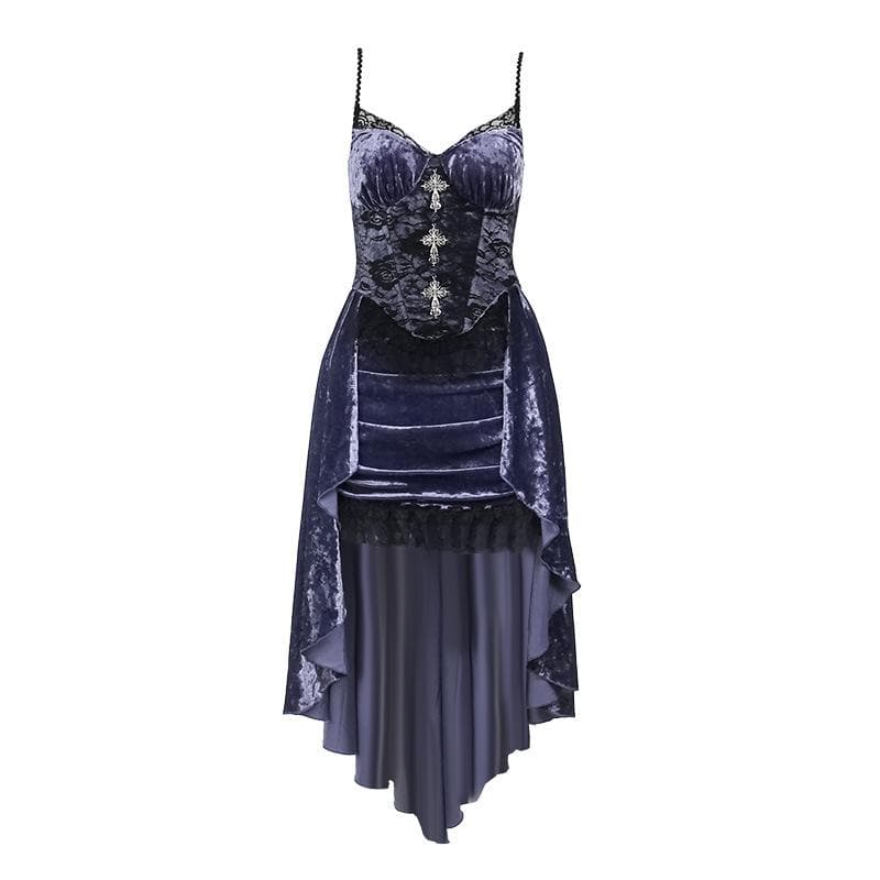 Velvet lace hem cross applique irregular v neck contrast midi dress | victorian gothic dresses