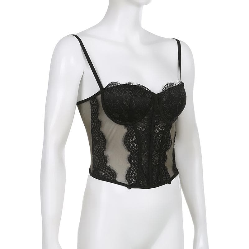 Rückenfreies Bustier-Camisole-Oberteil mit Netzstoff und Spitzensaum