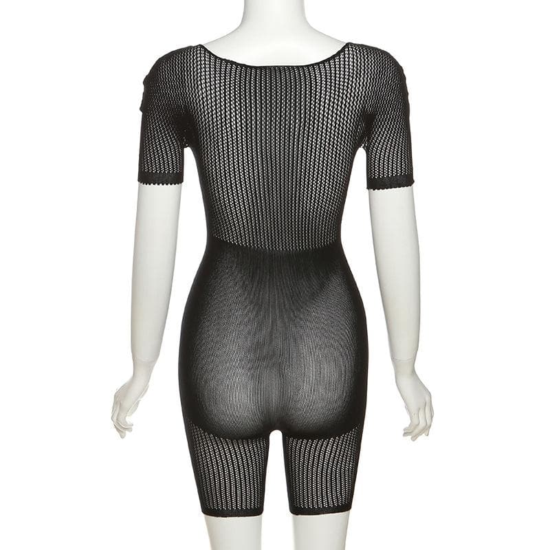Fishnet short sleeve hollow out see through solid romper