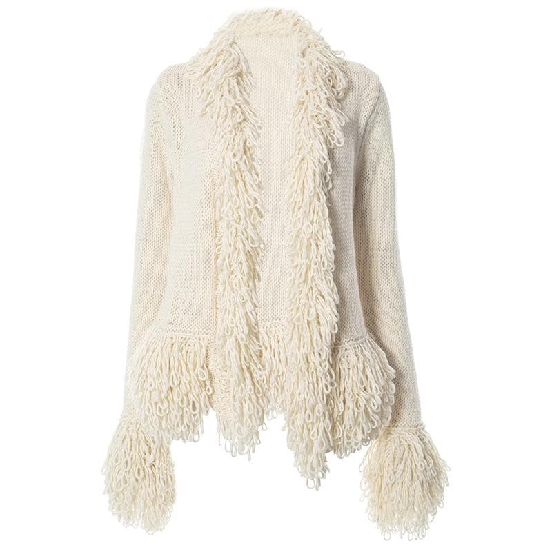 Knitted solid long sleeve tassels coat top