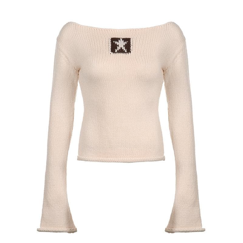 Knitted star pattern flared sleeve contrast top