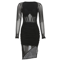Corset mesh long sleeve solid v neck ruched irregular mini dress