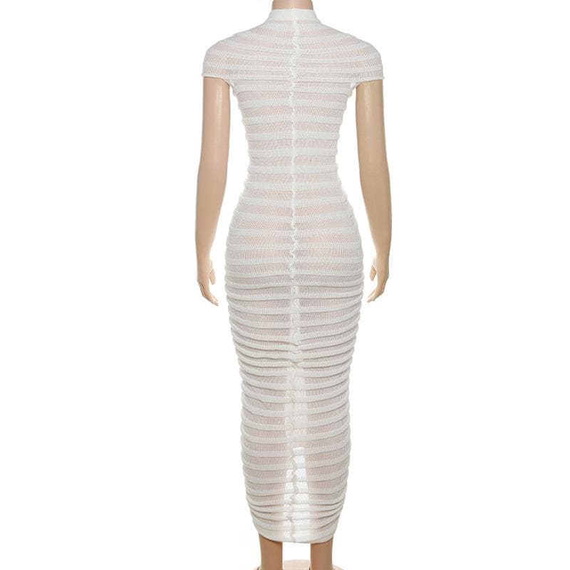 Knitted solid short sleeve crewneck see through maxi dress