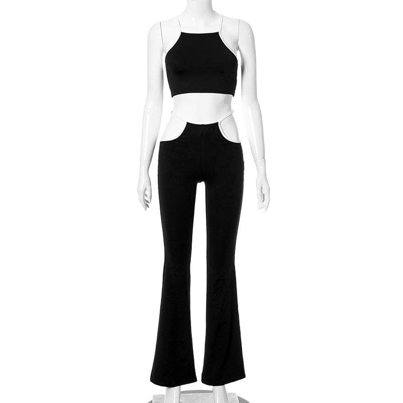 Hollow out contrast sleeveless flared pant set