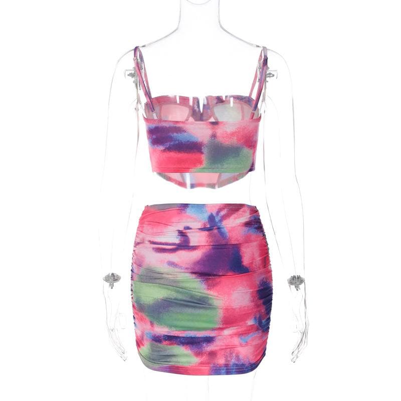 Conjunto de minifalda camisola con corsé, espalda descubierta, escote con muesca y efecto tie dye fruncido en contraste