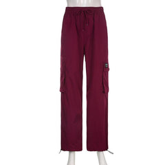 Drawstring cargo pocket button high rise straight leg pant