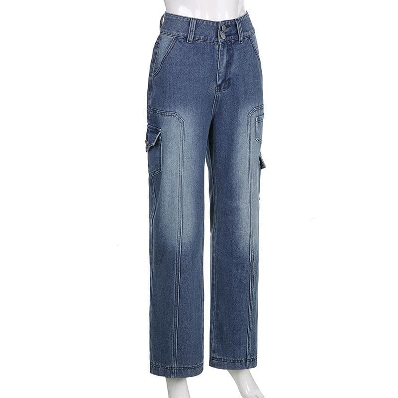 Hoch sitzende Jeans mit geradem Bein und Knopfleiste und Farbverlauf an den Taschen 