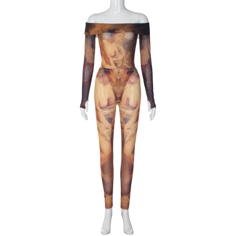 Schulterfreies Bodysuit-Hosenset mit langen Ärmeln und abstraktem Print aus transparentem Netzstoff