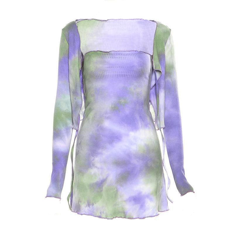 Tie dye self tie long sleeve shrug ruffle tube mini dress set