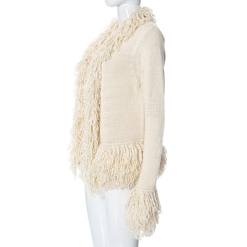 Knitted solid long sleeve tassels coat top