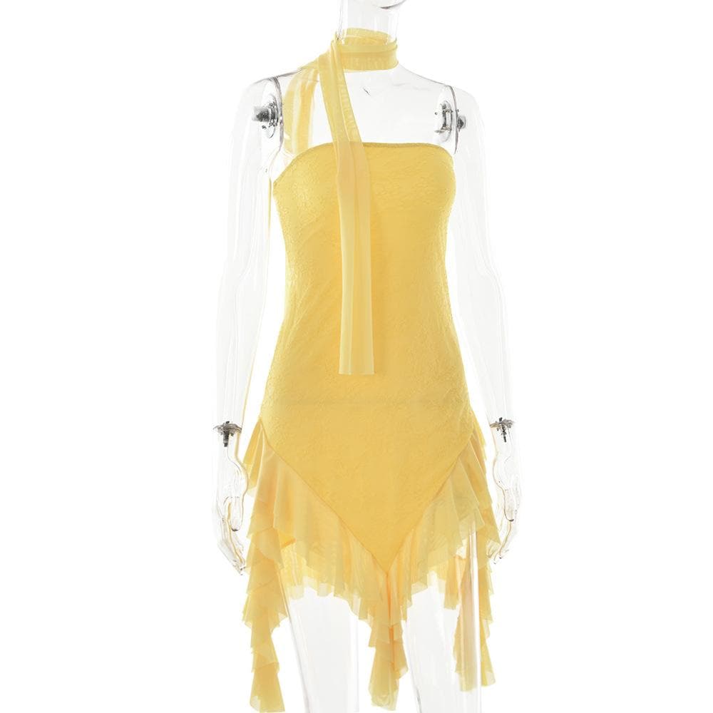 Mesh ruffle ribbon irregular solid backless tube mini dress