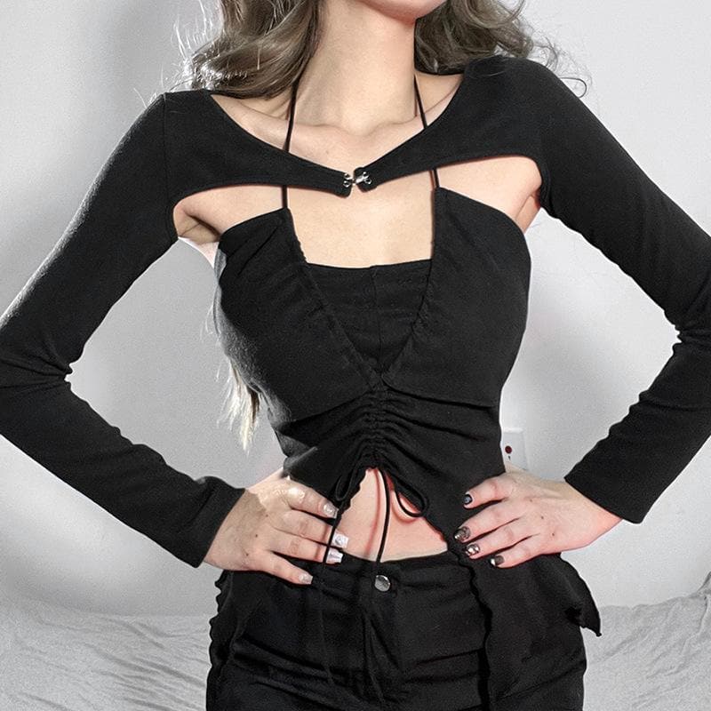 Long sleeve ruffled drawstring ruched solid 2 piece top