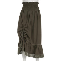 Drawstring solid lace hem smocked irregular midi skirt