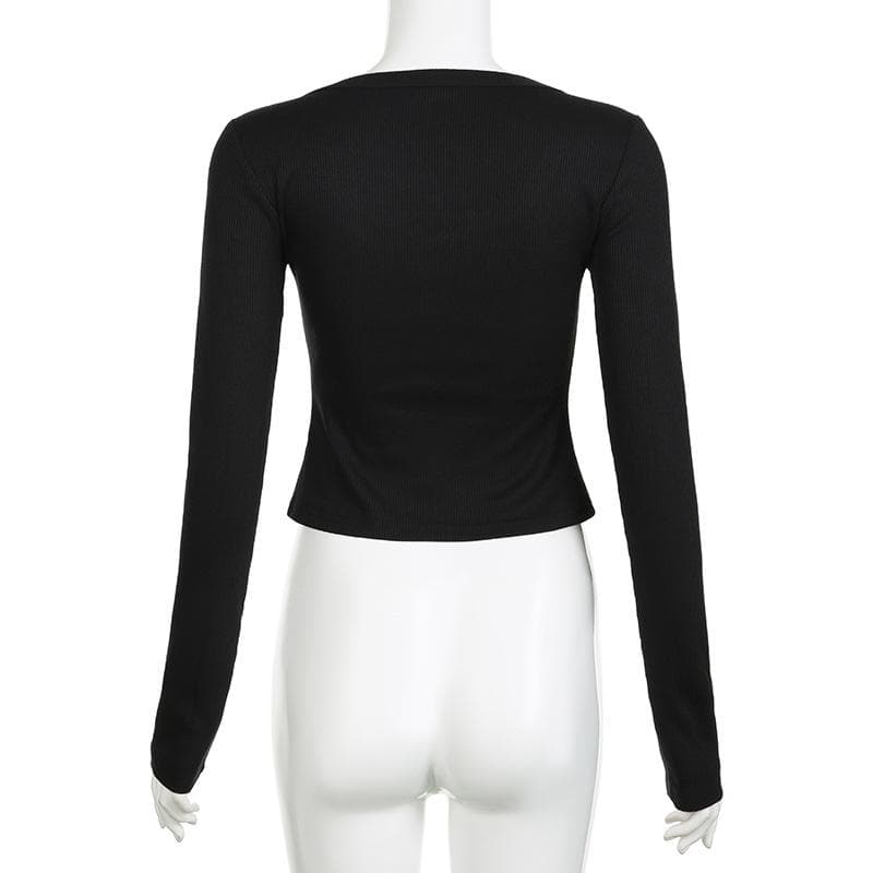 Ribbed notch neck solid long sleeve top