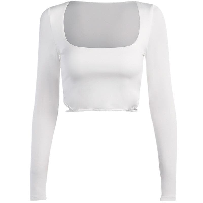 Hollow out solid long sleeve square neck crop top