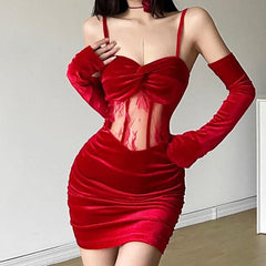 Velvet gloves ruched mesh backless cami mini dress