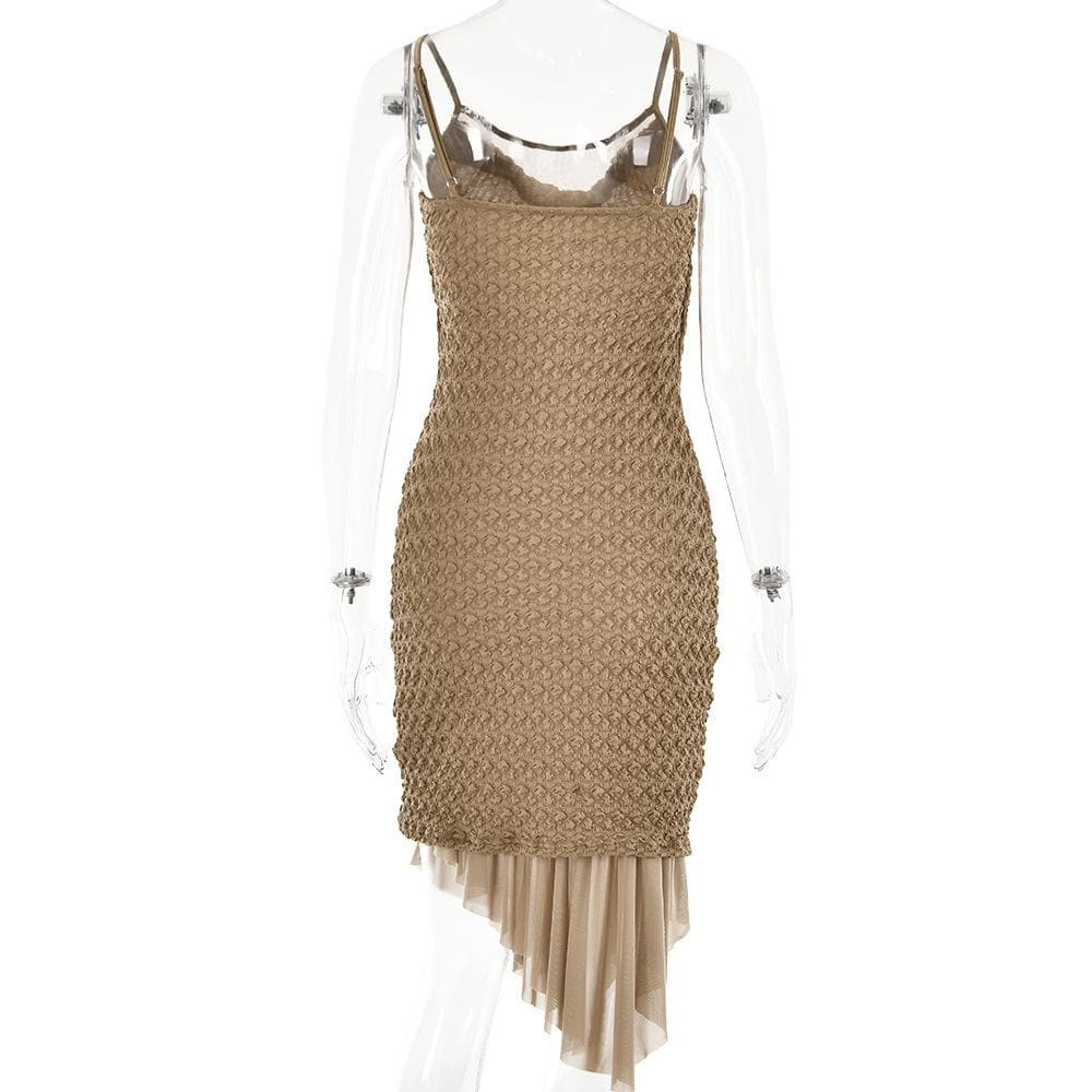 Textured mesh solid ruched irregular cami midi dress