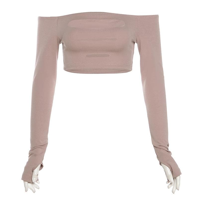 Hollow out off shoulder gloves long sleeve solid crop top